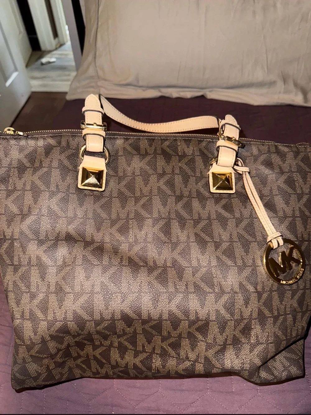 Michael Kors Brown Signature MK Tote with Beige Trim and Gold Charm